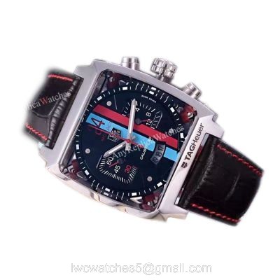 Tag Heuer Monaco Calibre 12 Replica Watch SS Black Red/Blue Line Dial watches