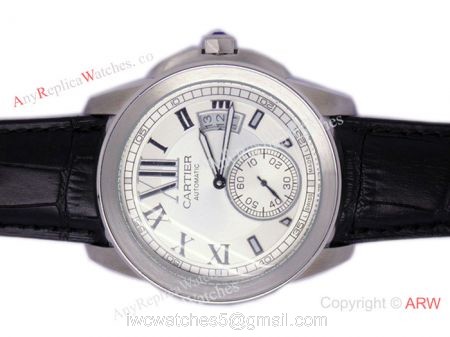 Cartier Calibre Divers Watch: SS White Dial Black Leather Replica Watch watches