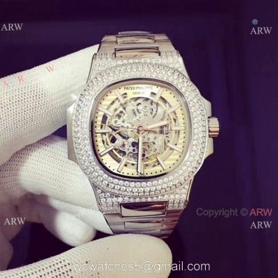 Copy Patek Philippe Nautilus Ice Out Watch Stainless Steel White Hollow watches