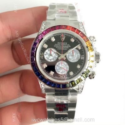 EX Factory Swiss Rolex Rainbow Daytona Replica Watch SS Black Face watches