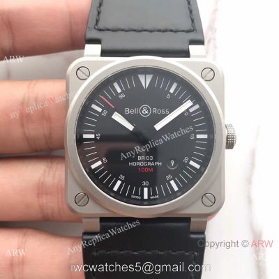 Swiss Fake Bell Ross BR03 100M Frosted Case watch Black Leather Band watches