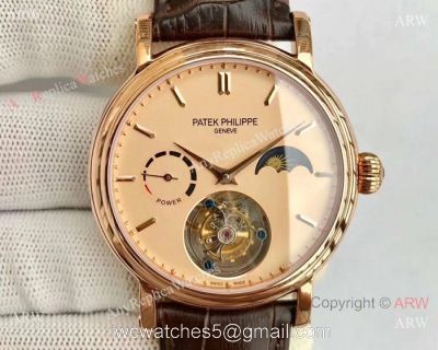 Swiss Grade Patek Philippe Power Reserve Watches Rose Gold Brown leather Strap watches