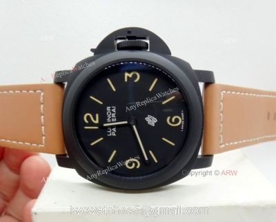 Replica Panerai Luminor Black Dial Brown Leather Strap Watch W Panerai Luminor Base Logo watches
