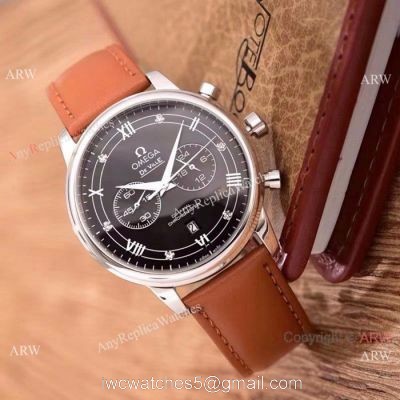 Fake Omega De Ville Chronograph Watches SS Brown Leather Strap watches