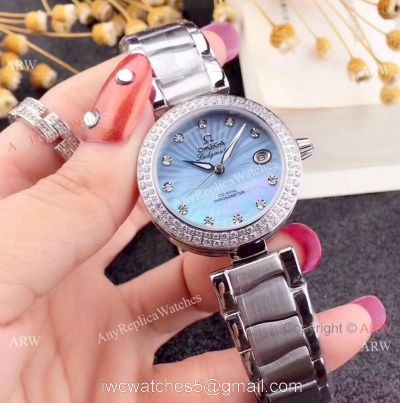 Omega Replica Watches De Ville Ladymatic SS Blue MOP Dial Diamond Bezel Ladies Watch watches