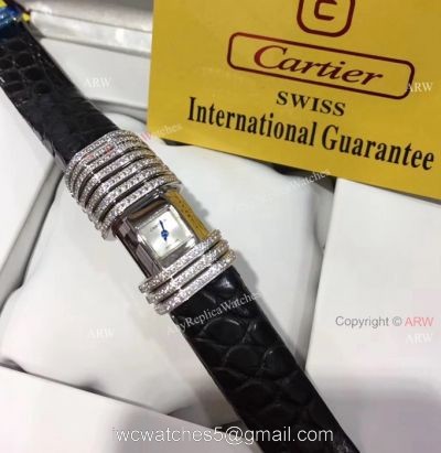 Cartier Small Silver Dial With Diamonds Replica Watches Black Leather Band watches