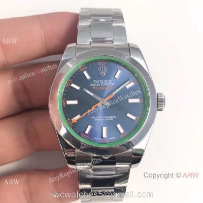 AR Replica Rolex Oyster Perpetual Milgauss SS Blue Dial watch SWISS 3131 watches