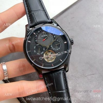 Replica Omega Tourbillon All Black Leather Strap Watches 43mm watches