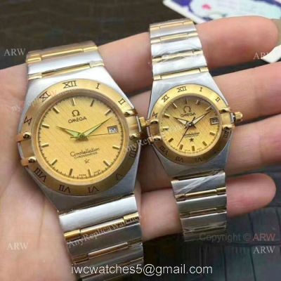 Copy Omega Constellation Two Tone Quartz Movement Omega Couple Watch watches