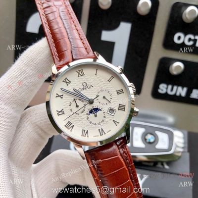 Best Replica Omega Complications Moonphase Watches SS Brown Leather Strap watches