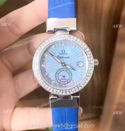 Women Omega De Ville Ladymatic Replica Watch SS Blue Diamond watches