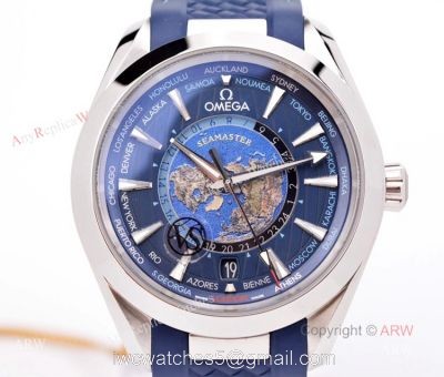 VS Factory Swis Replica Omega Aqua Terra Blue Worldtimer Rubber Band Watch For Men watches