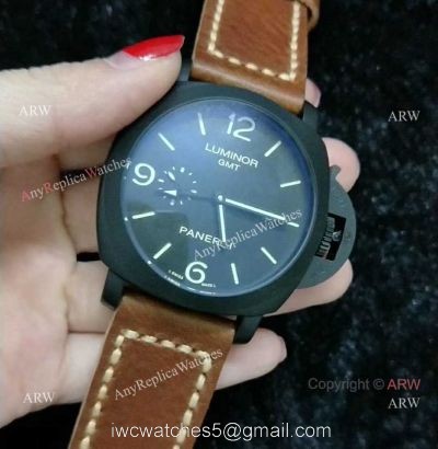 Clone Panerai Luminor GMT PAM 320 Black Steel Watch with Brown Leather Strap watches
