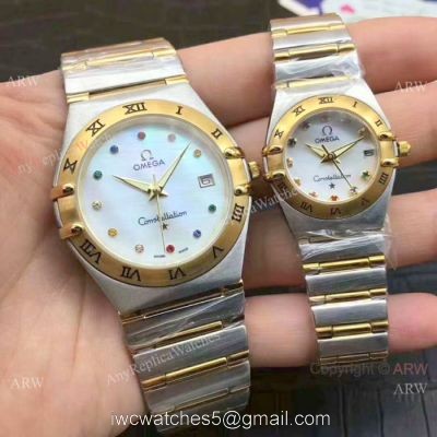 Replica Omega Constellation Quartz Watch Two Tone White MOP Face Omega Couple Watch watches
