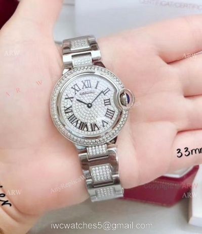 Fake Cartier Ballon Bleu Ice Out Watches 33mm Stainless steel Roman Dial watches