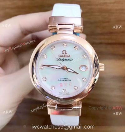 Women Omega De Ville Ladymatic Watch Rose Gold White Copy watches