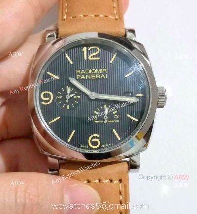 Copy Panerai Radiomir Power Reserve Watch SS Black Stripe Dial with Brown Leather Band watches