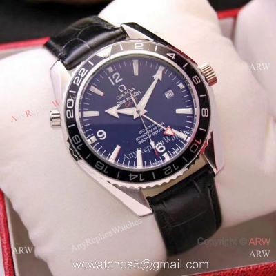 Copy Omega Seamaster GMT 45mm Watches SS Black Leather Strap watches