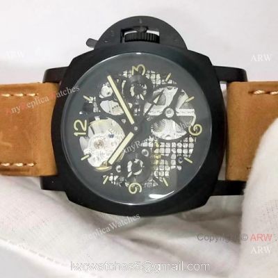 Best Quality Panerai Black Hollow Watch 47mm Brown Leather Strap watches