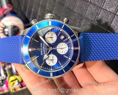 Breitling Superocean 43mm Watch SS Blue Dial Blue Rubber Strap watches