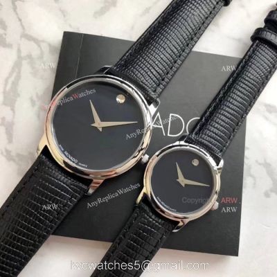 New Replica MOVADO Quartz Lovers Watch SS Black Leather Strap watches