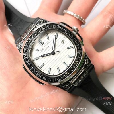 Copy Patek Philippe Nautilus White Face Tattoo Watch Black Rubber strap watches