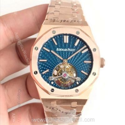 Swiss Replica Audemars Piguet Royal Oak Extra-Thin Tourbillon 2924 Watch Rose Gold Blue Dial watches