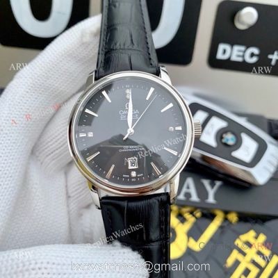 Clone Omega De Ville SS Black Leather Strap Watches 42mm watches