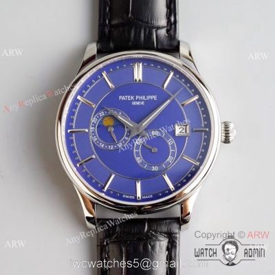 Swiss Grade 1 Patek Philippe Moonphase Replica Wristwatch Blue Dial Black Leather Strap watches