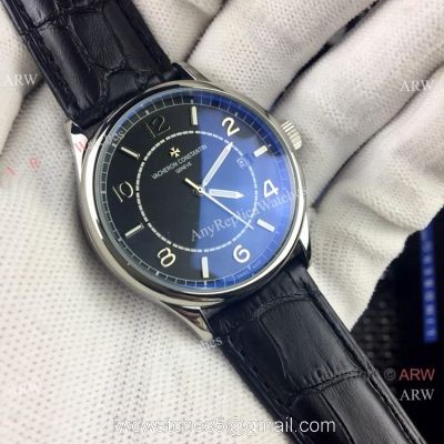 Buy Knockoff Vacheron Constantin Geneve Watch Black Dial Black Leather Band watches