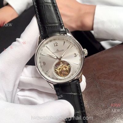 Jaeger-LeCoultre Tourbillon Silver Dial Black Leather Strap 42mm Watch watches