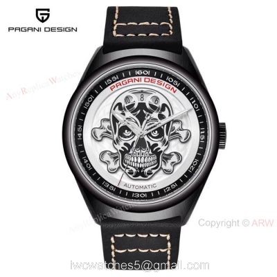 Pagani Design PVD Black Steel Watch White Skull Face watches