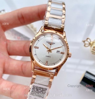 Copy Longines Quartz watches White Ceramic Rose Gold Sapphire glass watches