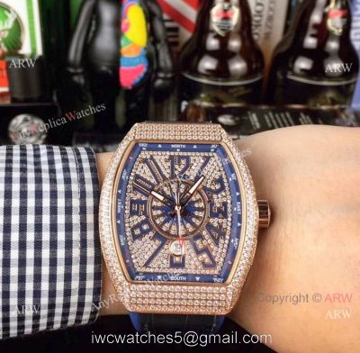 Swiss Quality Franck Muller Vanguard Yachting v45 Watch Rose Gold Diamond Blue Gummy strap watches