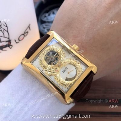 2019 Copy Piaget Black Tie Dragon watches Gold Case Brown Strap watches