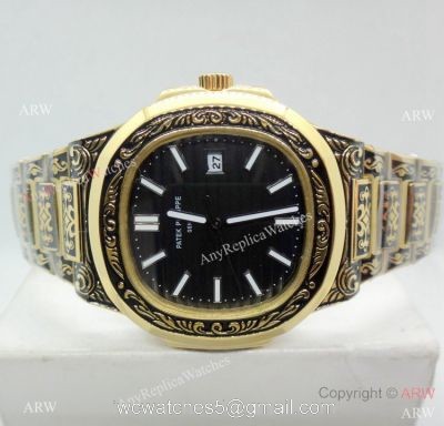 2019 Copy Patek Philippe Engraving Nautilus Watches Yellow Gold Black Dial watches