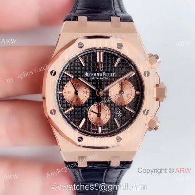 Super Clone Audemars Piguet Royal Oak Rose Gold Black Leather Strap Watch BF Factory watches