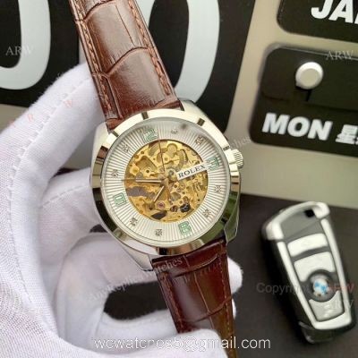 Rolex Geneve Cellini Replica Watch Tourbilln Face Brown Leather Strap watches