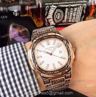 Clone Patek Philippe Nautilus White Face Rose Gold Tattoo Watch 40mm watches