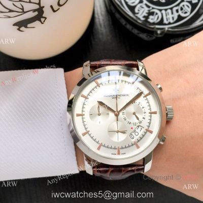 Best Copy Vacheron Constantin Chronograph Watch Silver Dial Black Leather strap watches