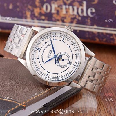 Clone Patek Philippe Perpetual Calendar Watch White Dial Stainless Steel Case watches