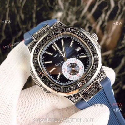Fake Patek Philippe Engraving Nautilus Blue Rubber Strap Blue Dial watches