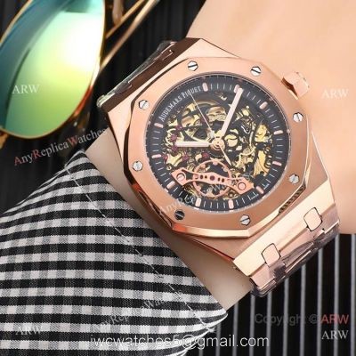 High Quality Fake AP Skeleton Royal Oak Rose Gold Black Dial Watch watches
