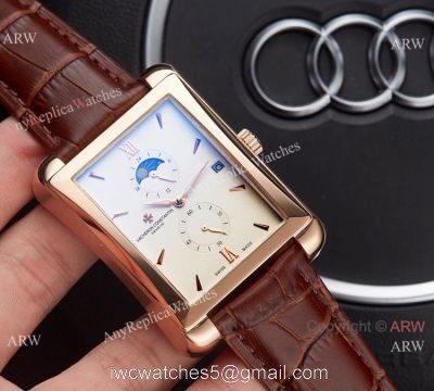 Clone Vacheron Constantin Moonphase Watch Rose Gold Brown Leather Strap watches