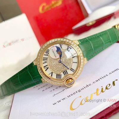 Ballon Bleu de Cartier 36mm Replica Watches Gold Diamond Green Leather Band watches