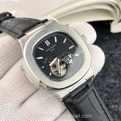 Patek Philippe Tourbillon Black Copy Watch Black Leather Strap watches
