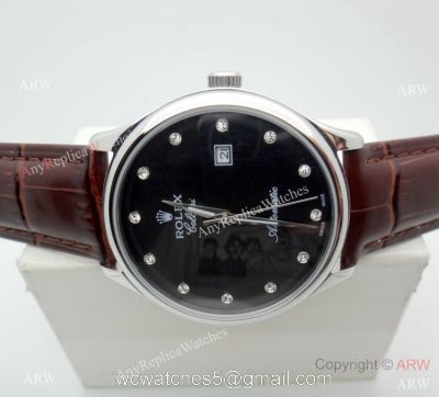 Buy Copy Rolex Geneve Cellini Black Watch Brown Leather strap watches