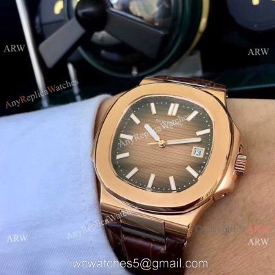 Patek Philippe Nautilus Replica Watches Rose Gold Brown Leather Strap watches