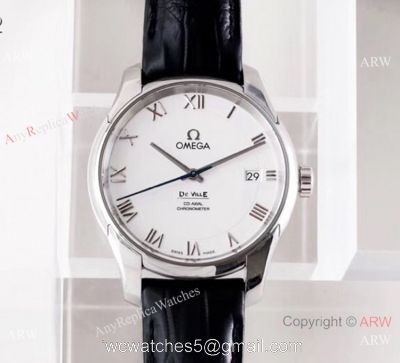 Swiss Grade 1 Omega De Ville Co Axial White Dial Leather Strap Watch VS Factory watches