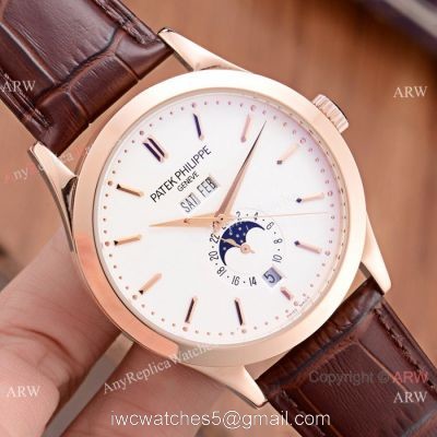 Patek Philippe Perpetual Calendar Rose Gold Case with Brown Leather Strap Watch watches